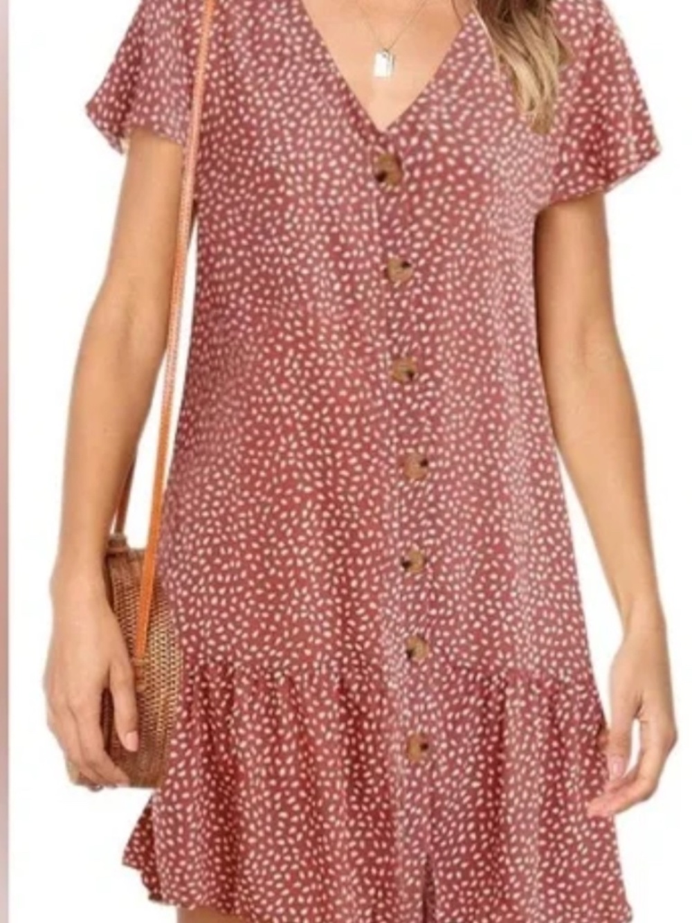 Womens Polka Dot V Neck Button Down Ruffles Loose Mini Short Dress Sz L